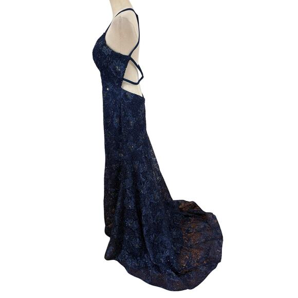 Betsy Adam Evening Gown Dress Navy Blue Lace Beaded Sequin Fit Flare Train Prom - Picture 5 of 8